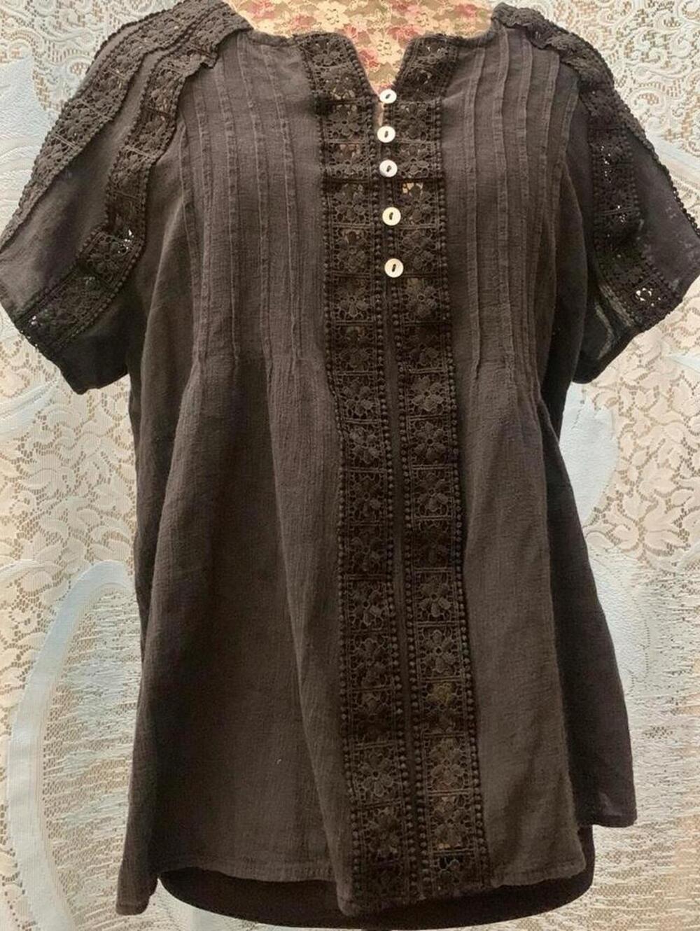 Vintage Pleated Gauze Peasant Blouse Lace Panel Pintuck Tunic Top Button Front